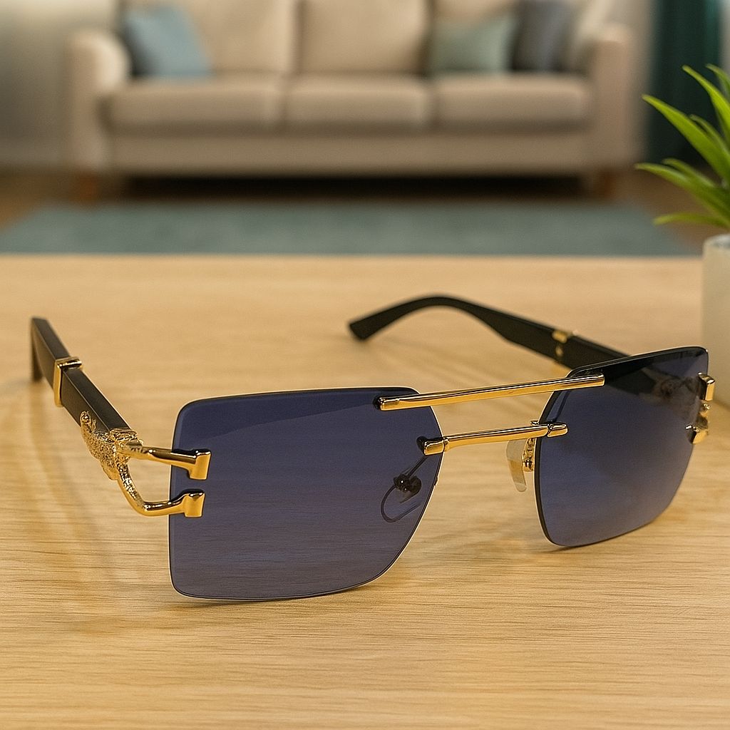 Meeran Jaguar sunglasses with blue lenses and a black/gold frame, featuring UV protection
